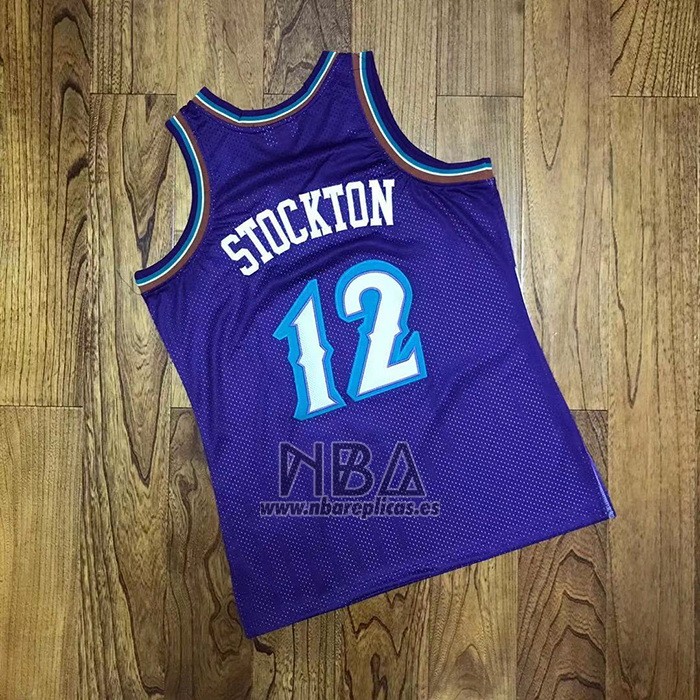 Camiseta Utah Jazz John Stockton NO 12 Hardwood Classics Throwback 1996-97 Violeta